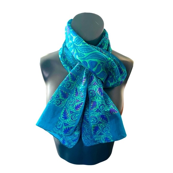 Designers Originals Accessories - Green Blue Paisley Psychedelic Print Silk Scarf Handmade Neckerchief Wrap Shawl